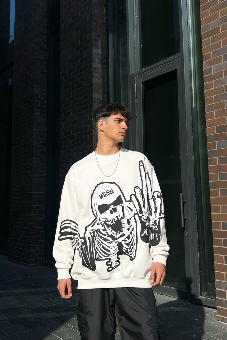 Skeletton Baskılı Beyaz Oversize Sweatshirt