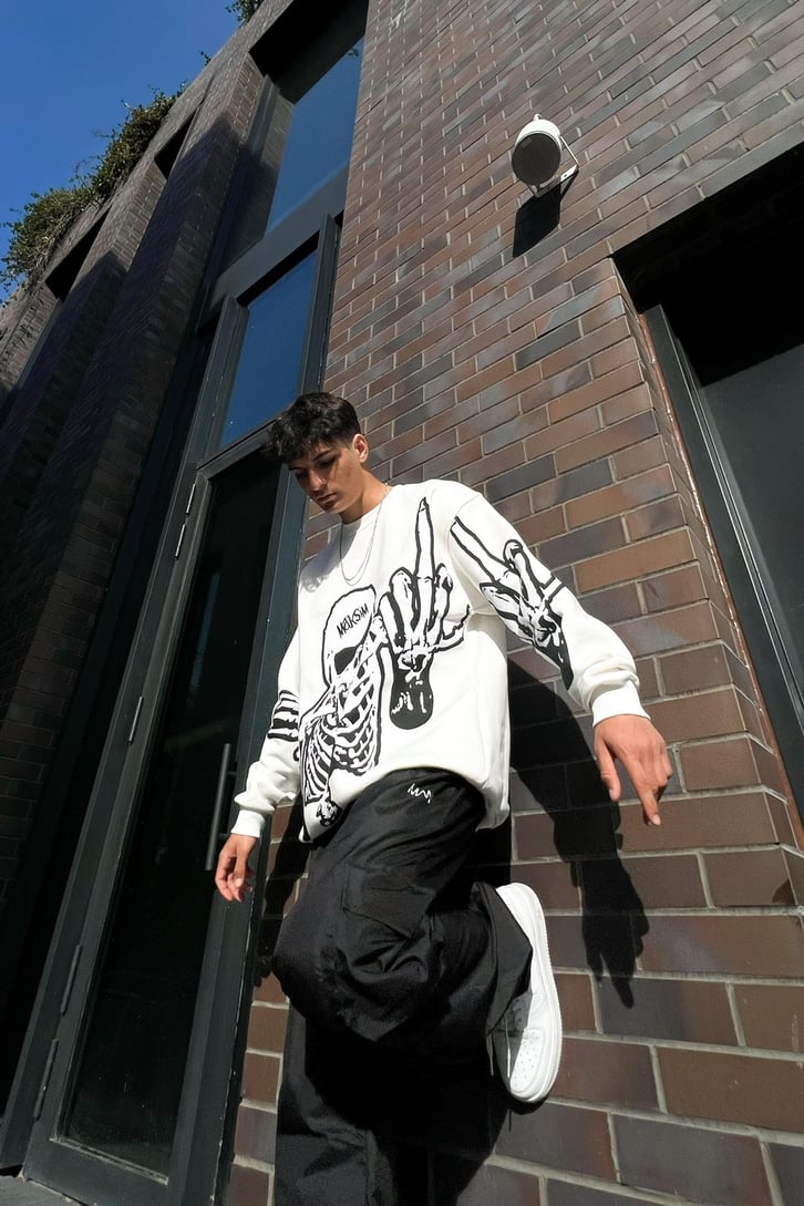 Skeletton Baskılı Beyaz Oversize Sweatshirt