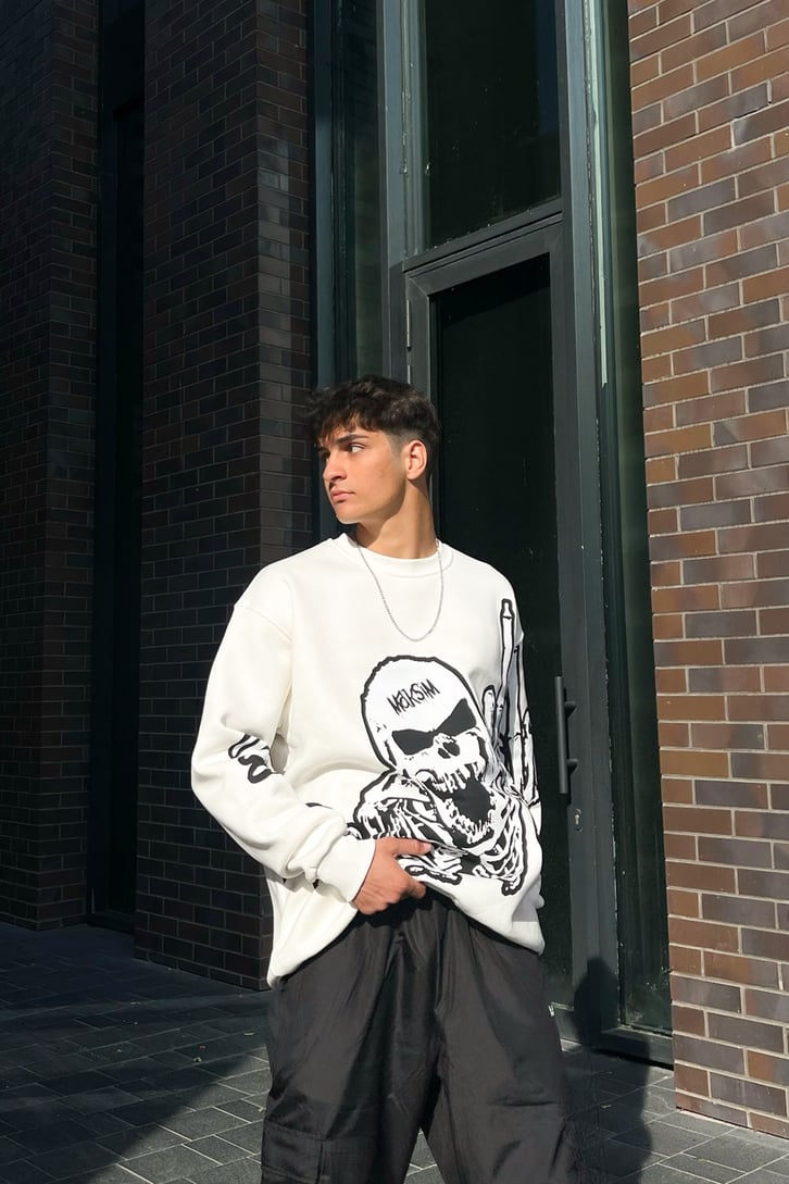 Skeletton Baskılı Beyaz Oversize Sweatshirt