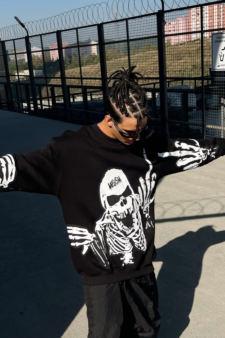 Skeletton Baskılı Siyah Oversize Sweatshirt