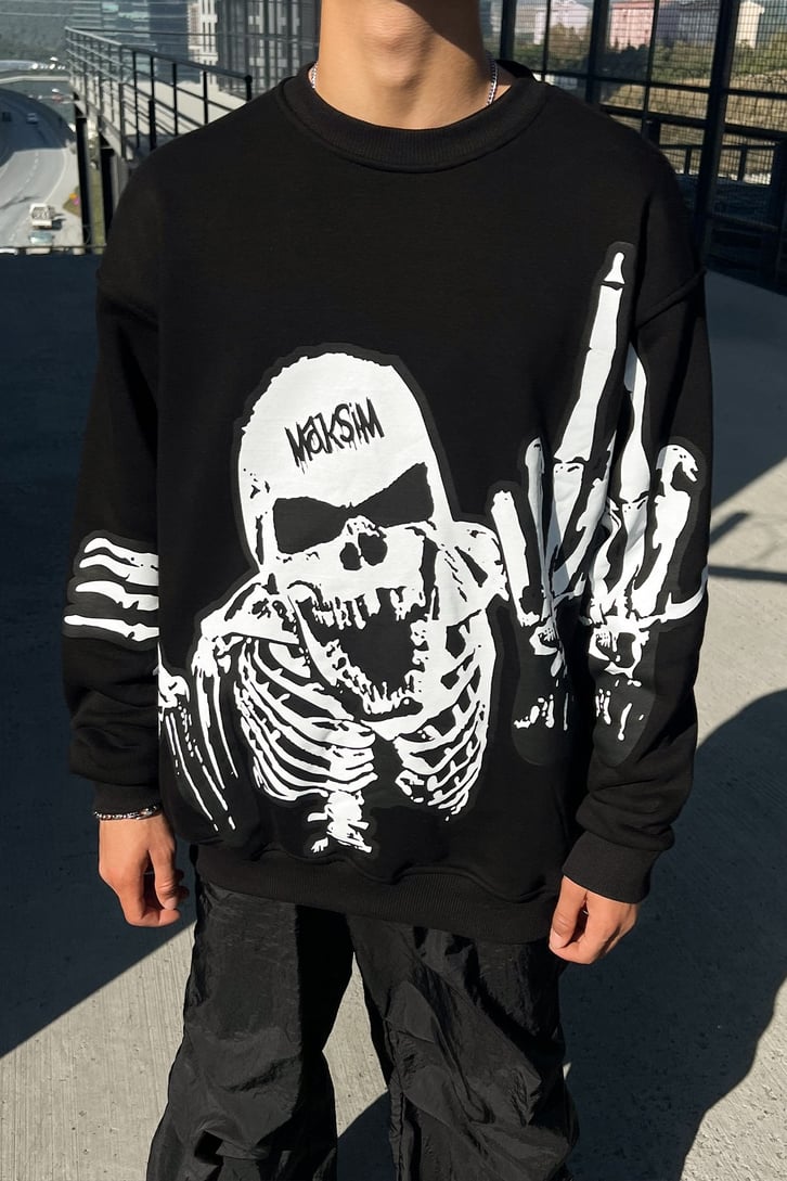 Skeletton Baskılı Siyah Oversize Sweatshirt