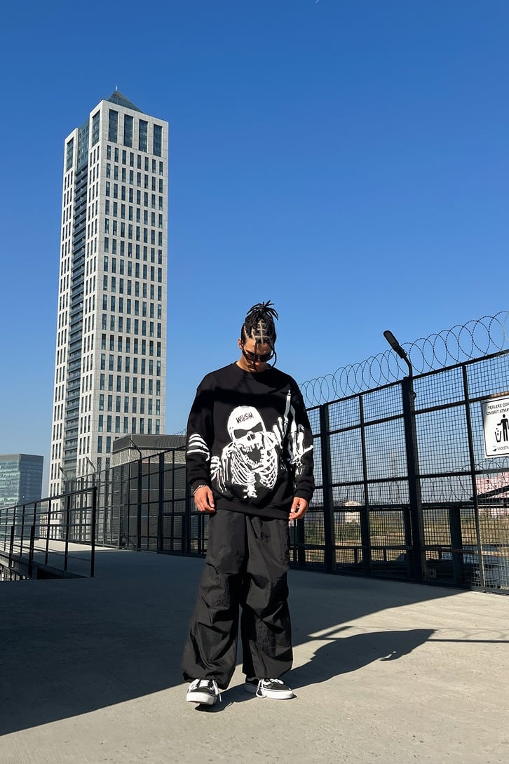 Skeletton Baskılı Siyah Oversize Sweatshirt