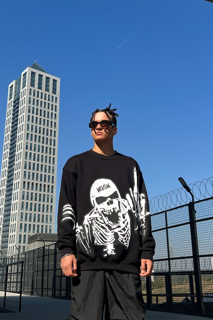 Skeletton Baskılı Siyah Oversize Sweatshirt