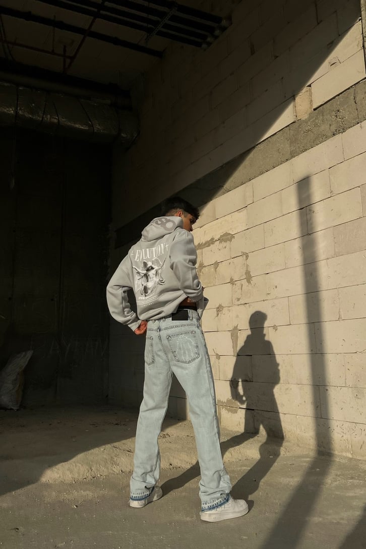 Skeletton Hand Baskılı Buz Mavi Regular Fit Jean