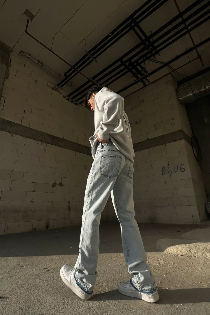Skeletton Hand Baskılı Buz Mavi Regular Fit Jean
