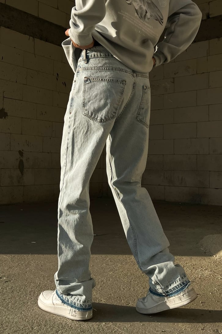 Skeletton Hand Baskılı Buz Mavi Regular Fit Jean