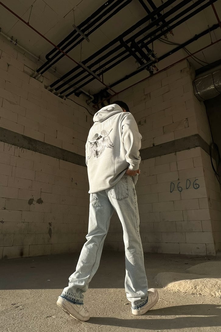 Skeletton Hand Baskılı Buz Mavi Regular Fit Jean