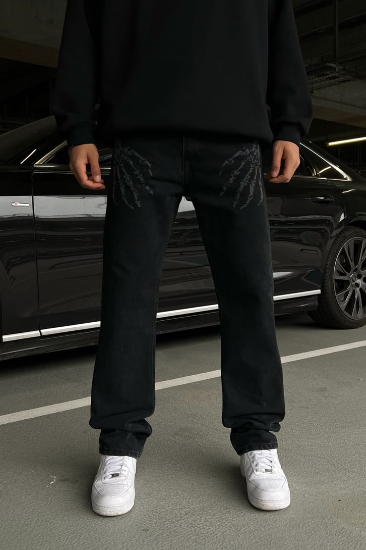 Skeletton Hand Siyah Regular Fit Jean