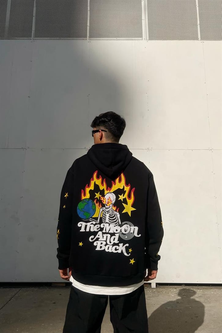 Skeletton Star Nakış Detay Siyah İçi Pamuklu Oversize Hoodie