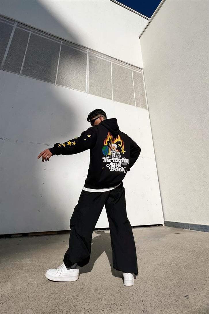 Skeletton Star Nakış Detay Siyah İçi Pamuklu Oversize Hoodie