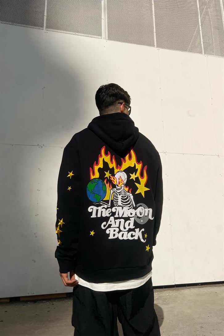 Skeletton Star Nakış Detay Siyah İçi Pamuklu Oversize Hoodie