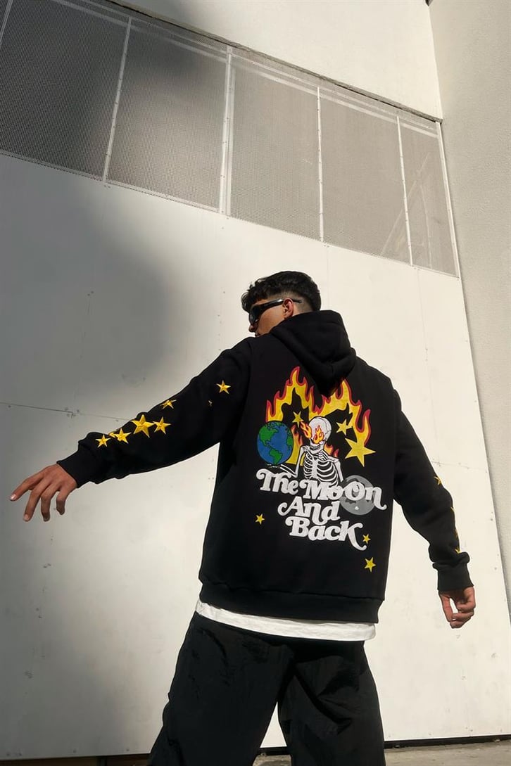 Skeletton Star Nakış Detay Siyah İçi Pamuklu Oversize Hoodie