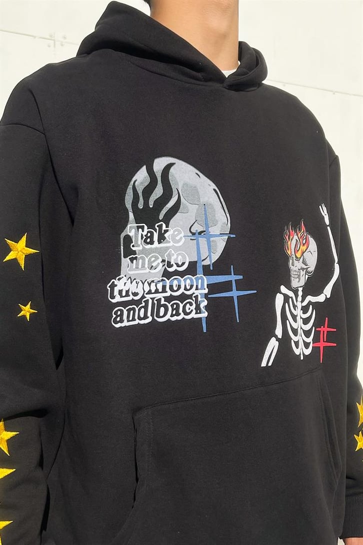 Skeletton Star Nakış Detay Siyah İçi Pamuklu Oversize Hoodie