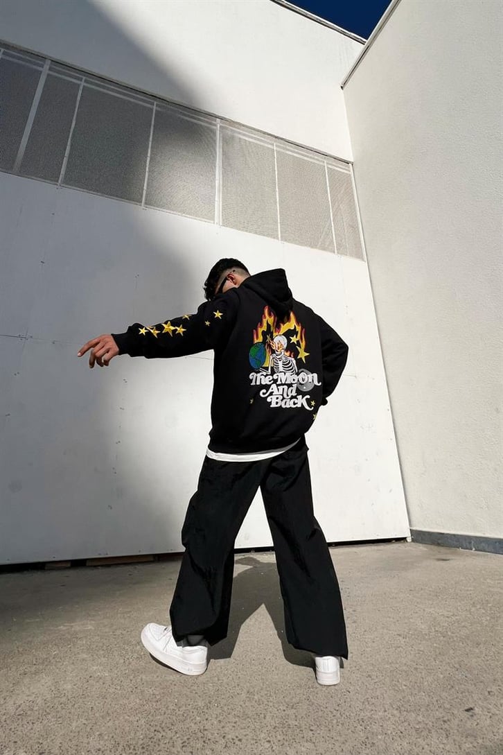 Skeletton Star Nakış Detay Siyah İçi Pamuklu Oversize Hoodie