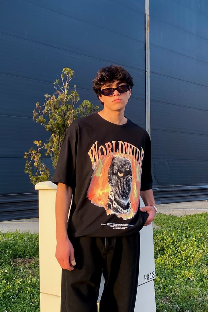 Ski Drill Mask Baskılı Siyah Oversize Tshirt