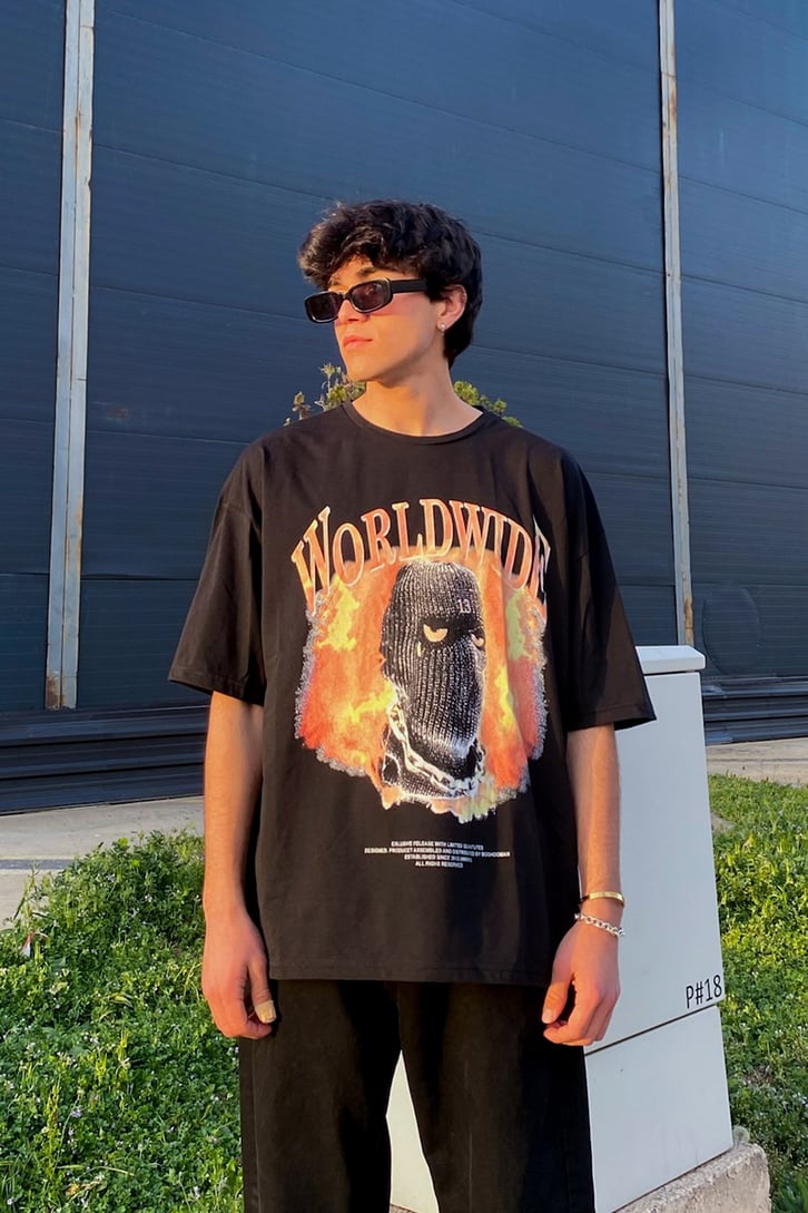 Ski Drill Mask Baskılı Siyah Oversize Tshirt