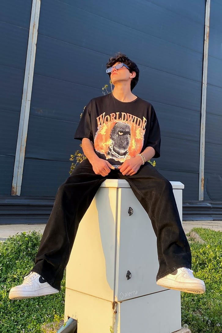 Ski Drill Mask Baskılı Siyah Oversize Tshirt