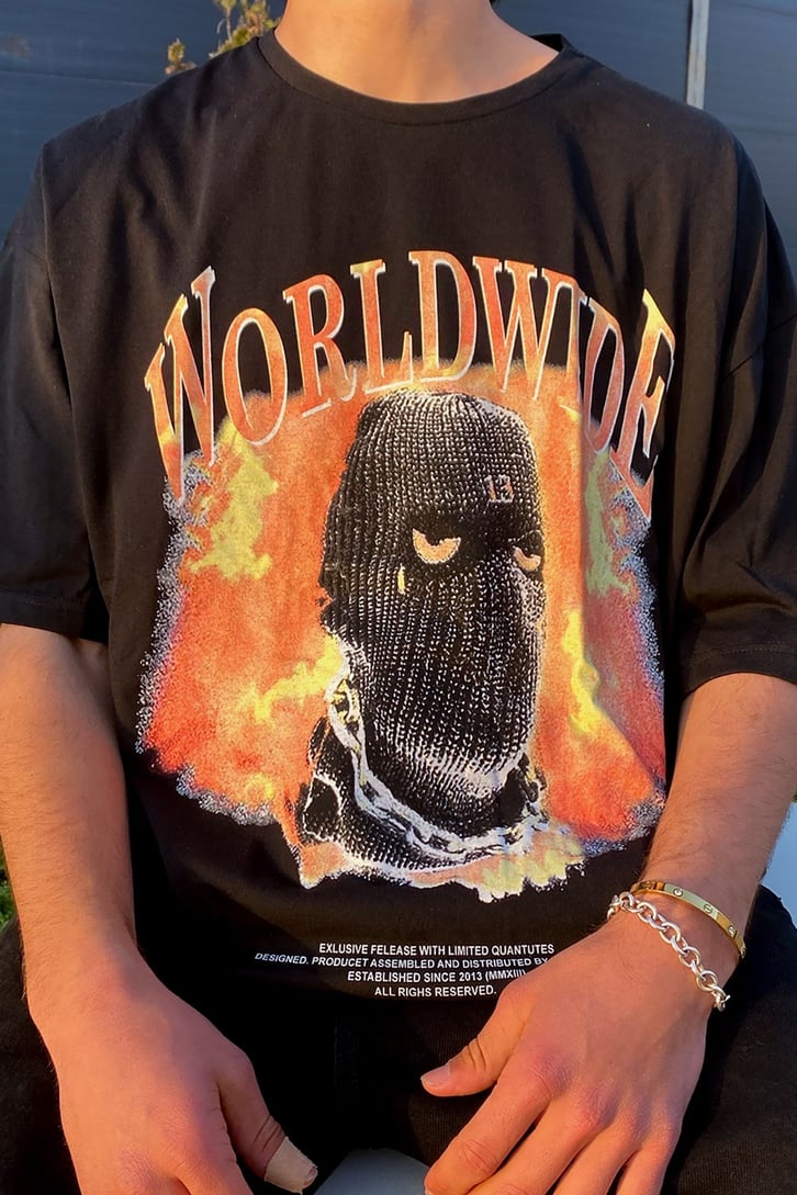 Ski Drill Mask Baskılı Siyah Oversize Tshirt