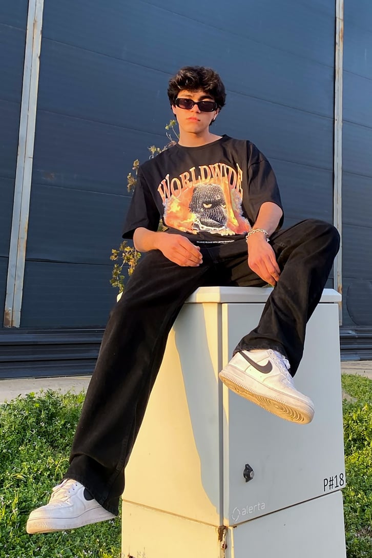 Ski Drill Mask Baskılı Siyah Oversize Tshirt
