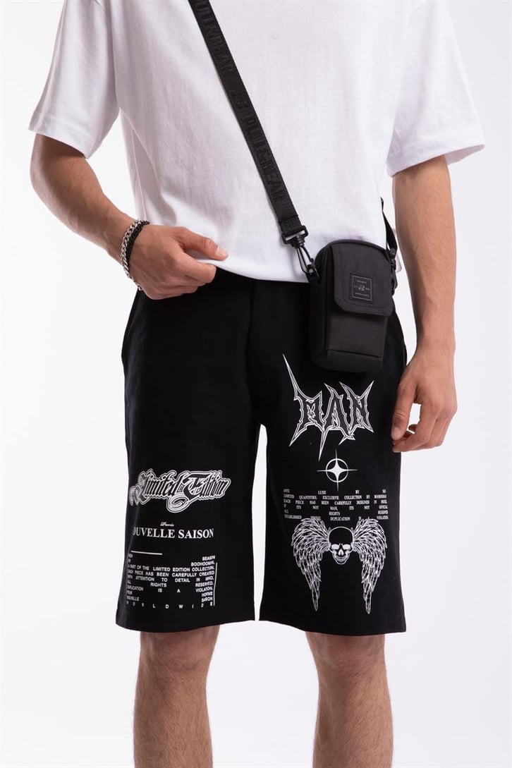 Skull Angel Baskılı Siyah Keten Şort