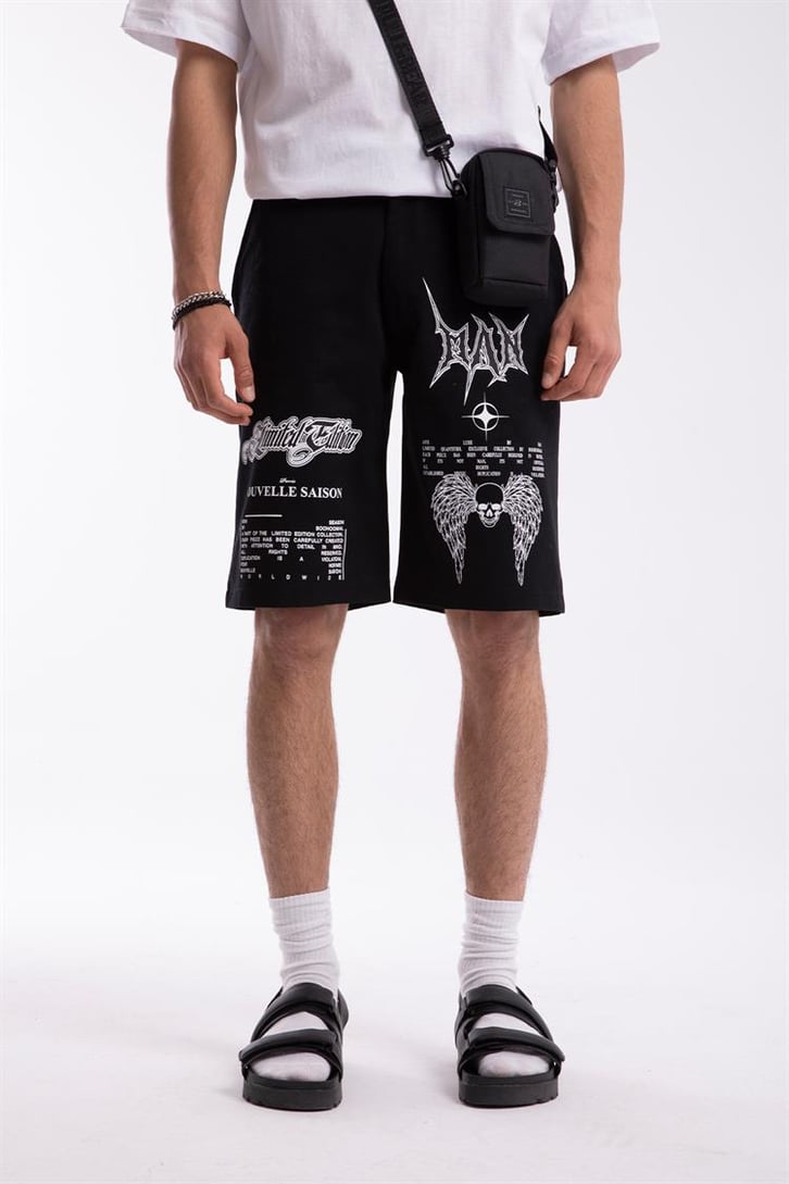 Skull Angel Baskılı Siyah Keten Şort