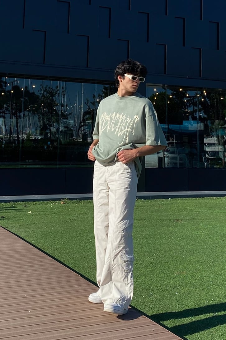 Skull Back Baskılı Su Yeşili  Oversize Tshirt