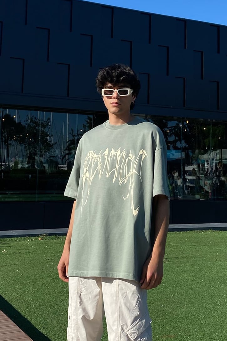 Skull Back Baskılı Su Yeşili  Oversize Tshirt