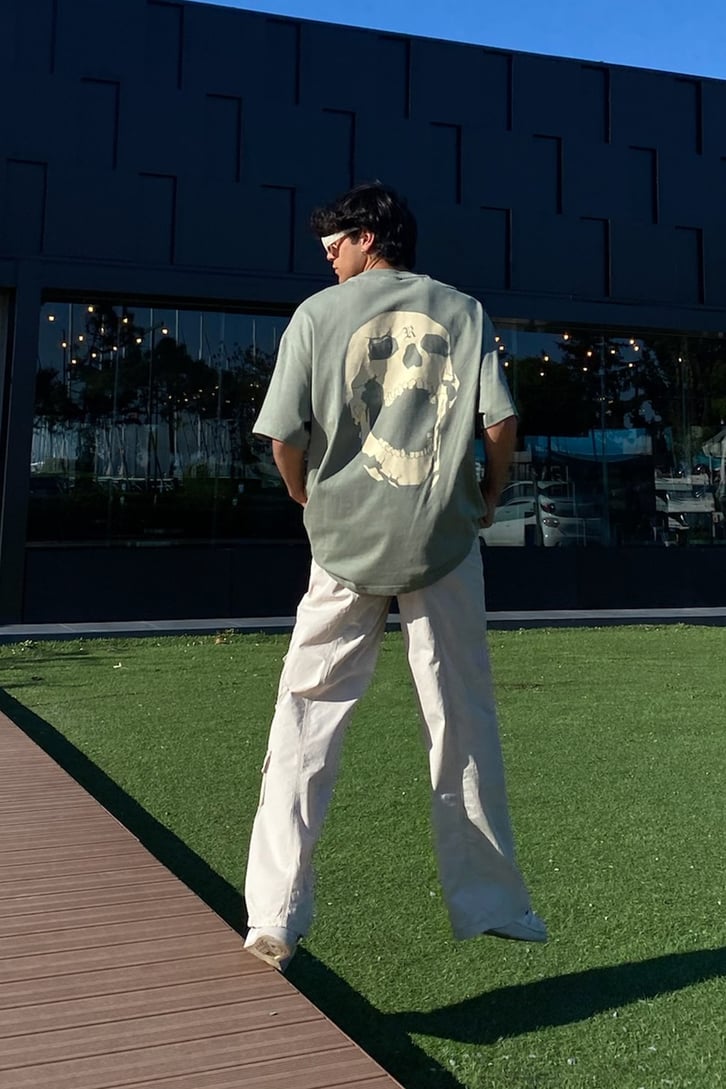 Skull Back Baskılı Su Yeşili  Oversize Tshirt