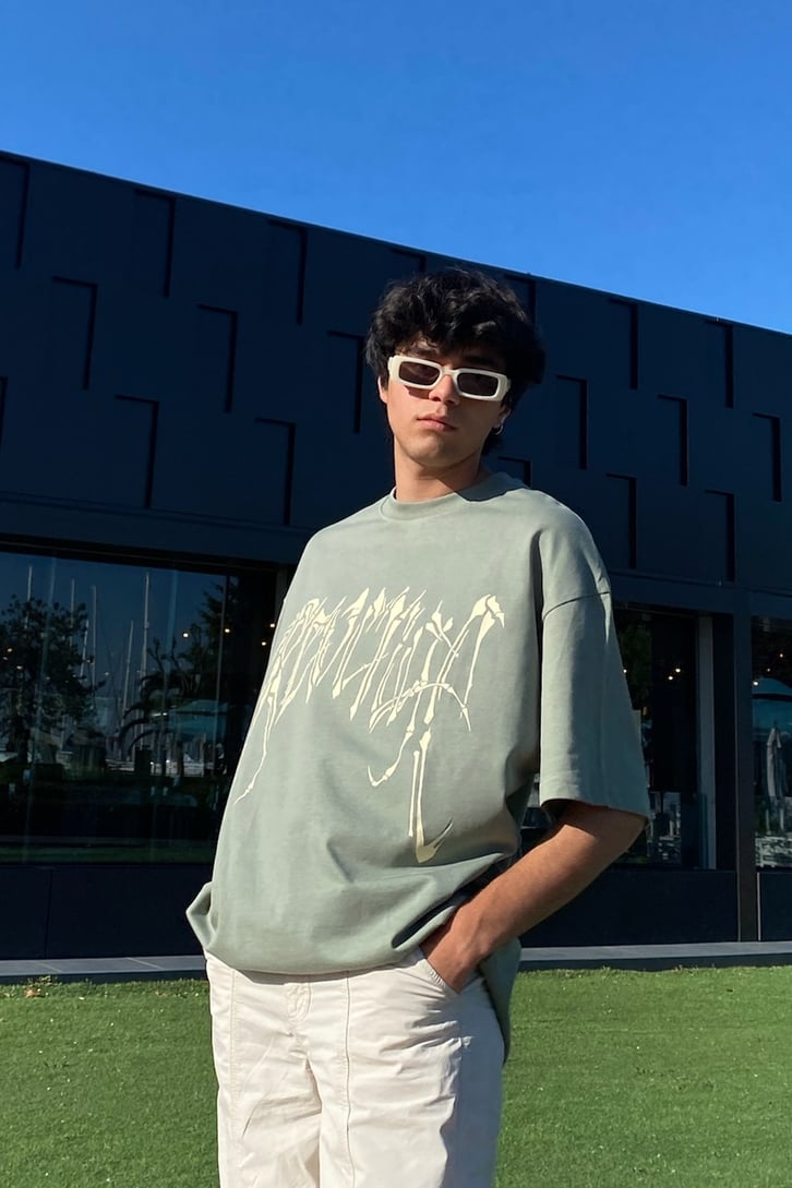 Skull Back Baskılı Su Yeşili  Oversize Tshirt