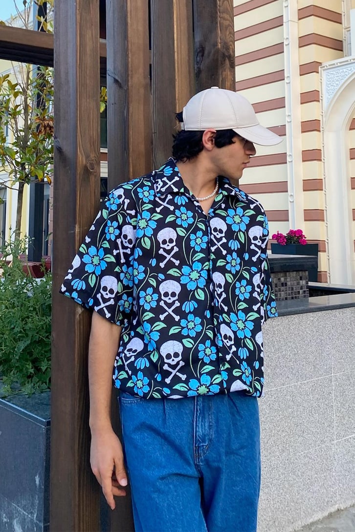 Skull & Flowwer Baskılı Oversize Gömlek