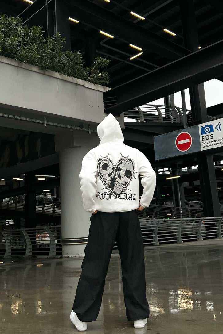 Skull Heart Baskılı Beyaz Oversize Hoodie