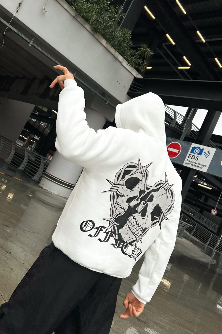Skull Heart Baskılı Beyaz Oversize Hoodie