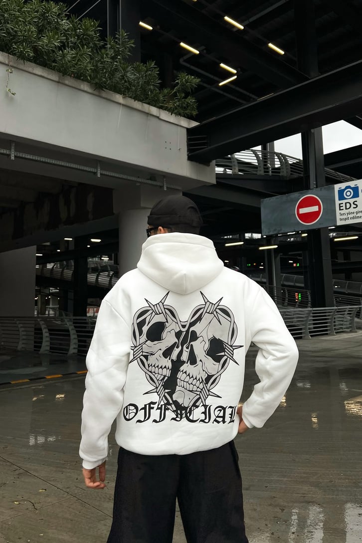 Skull Heart Baskılı Beyaz Oversize Hoodie