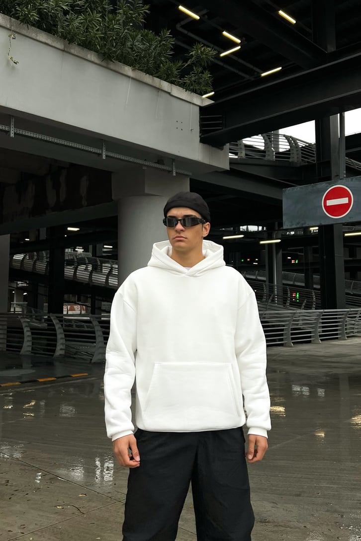 Skull Heart Baskılı Beyaz Oversize Hoodie