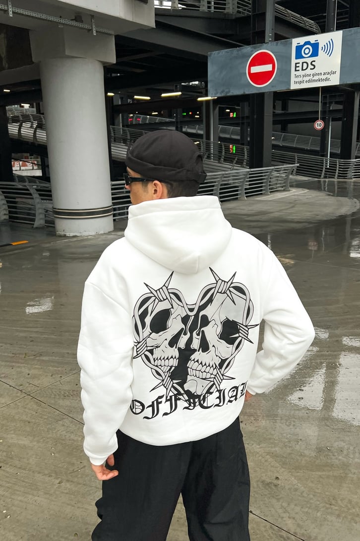 Skull Heart Baskılı Beyaz Oversize Hoodie