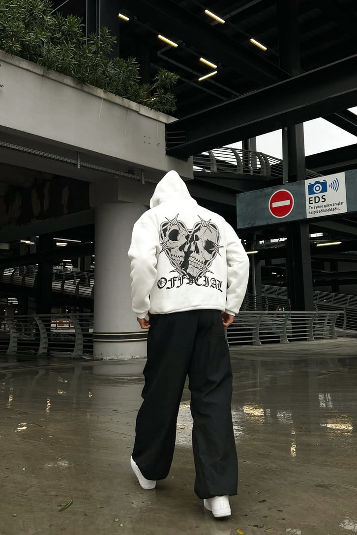 Skull Heart Baskılı Beyaz Oversize Hoodie