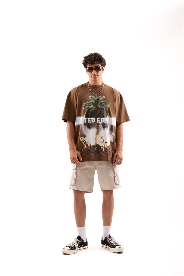 Skull Island Baskılı Kahverengi Oversize Tişört