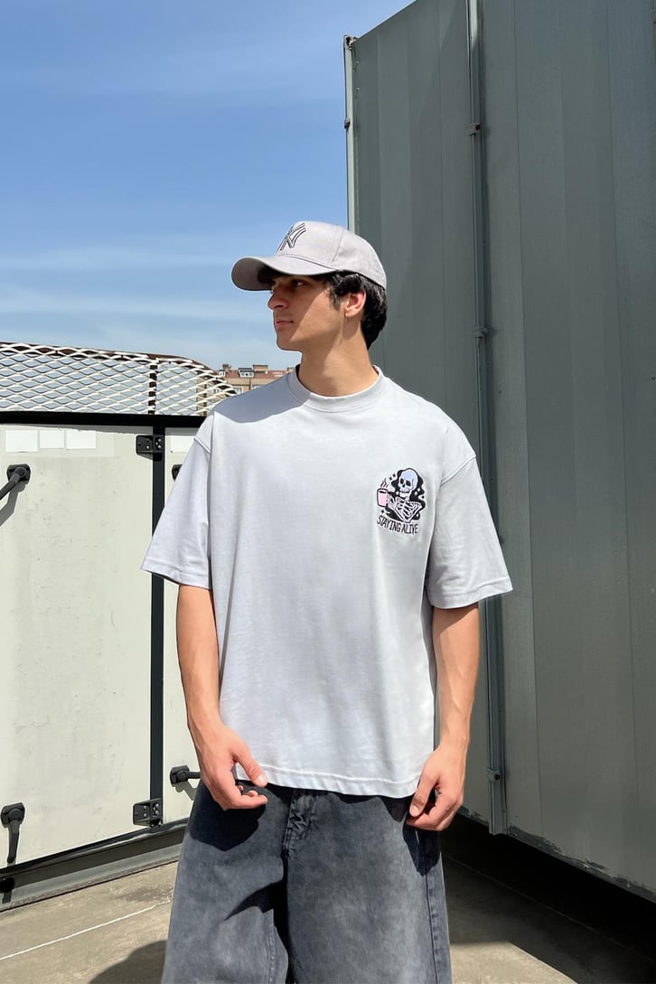 Skull Nakışlı Oversize Tişört