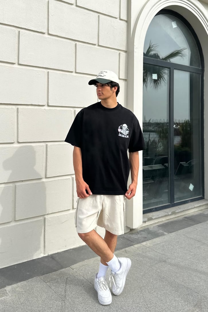 Skull Nakışlı Oversize Tişört
