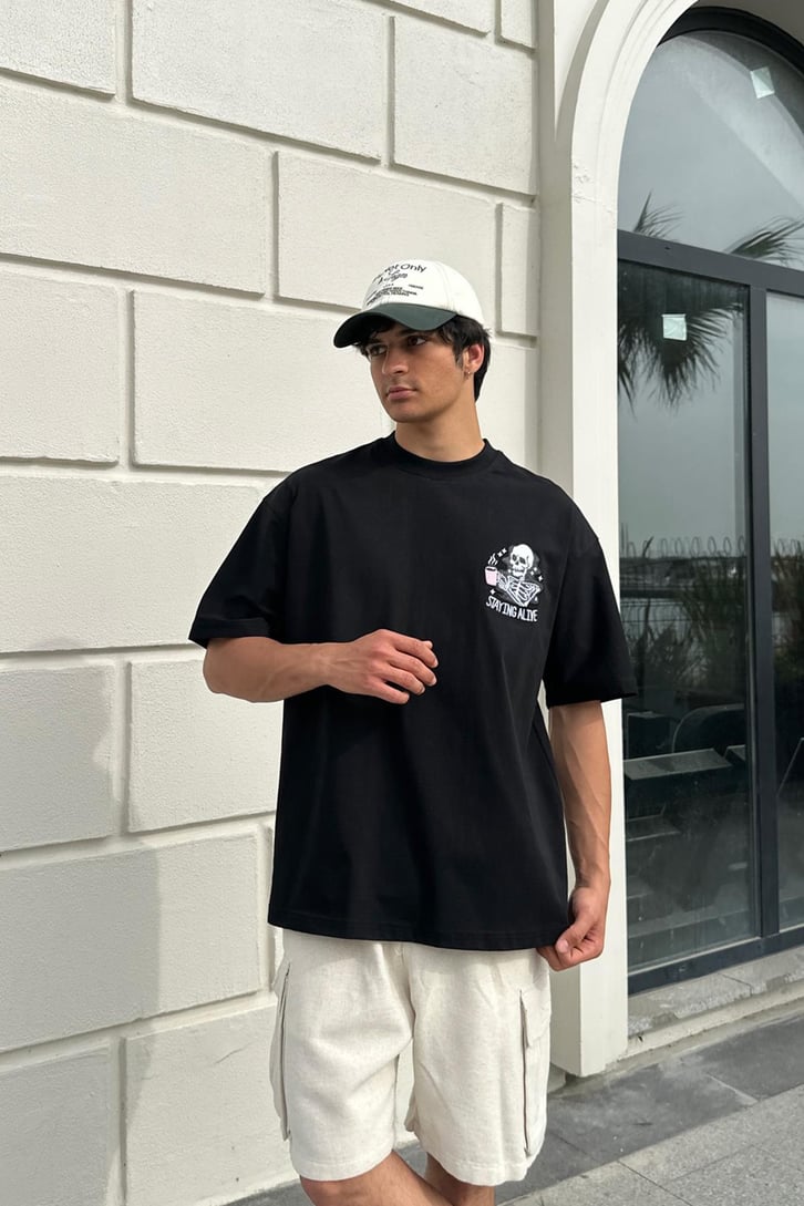 Skull Nakışlı Oversize Tişört