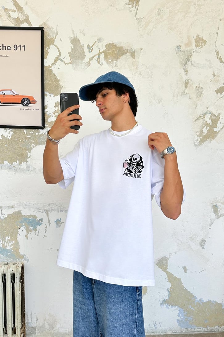 Skull Nakışlı Oversize Tişört