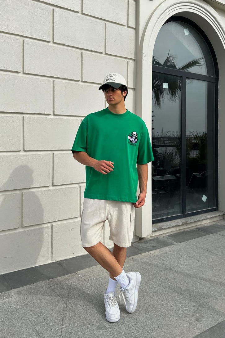 Skull Nakışlı Yeşil Oversize Tişört