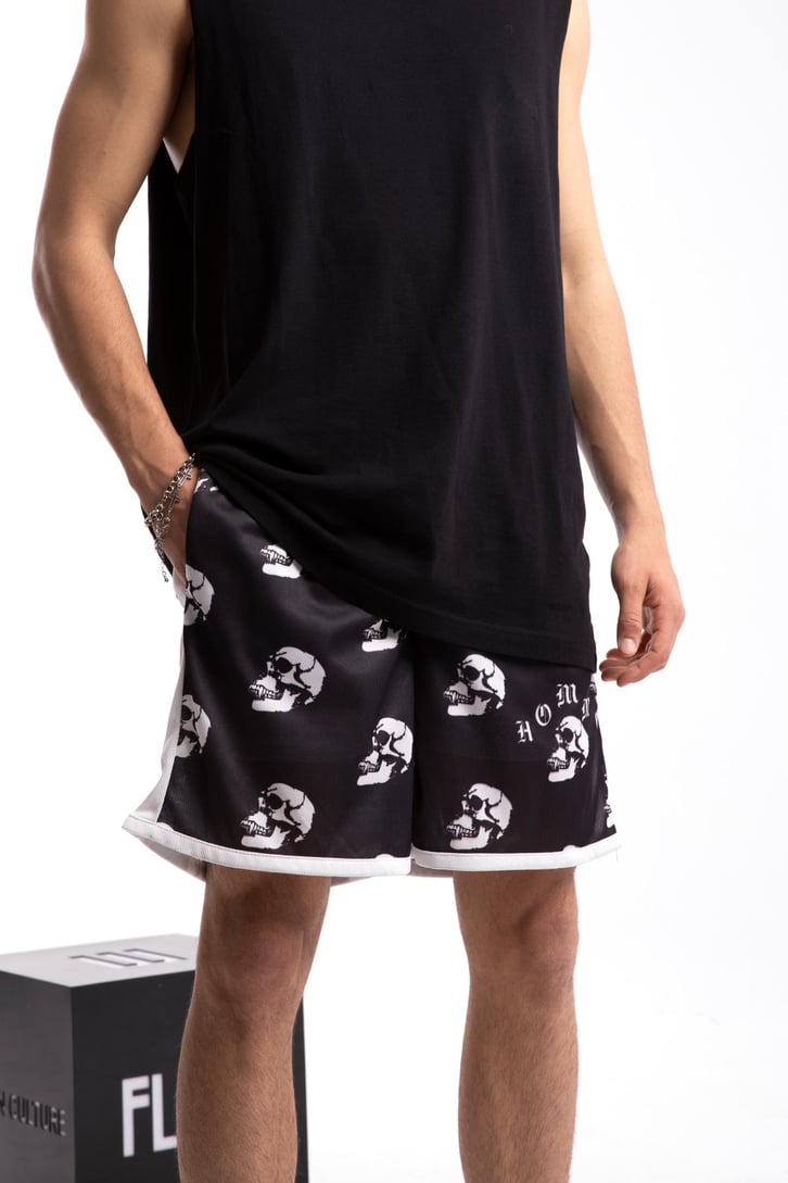 Skull Printed Siyah Şort