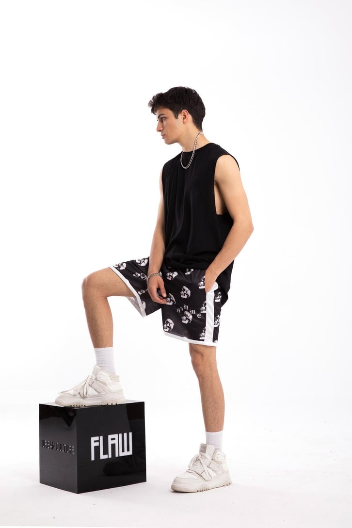 Skull Printed Siyah Şort