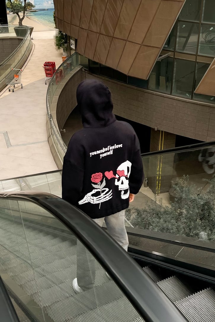 Skull & Rose Sırt Basklı Siyah Oversize Hoodie