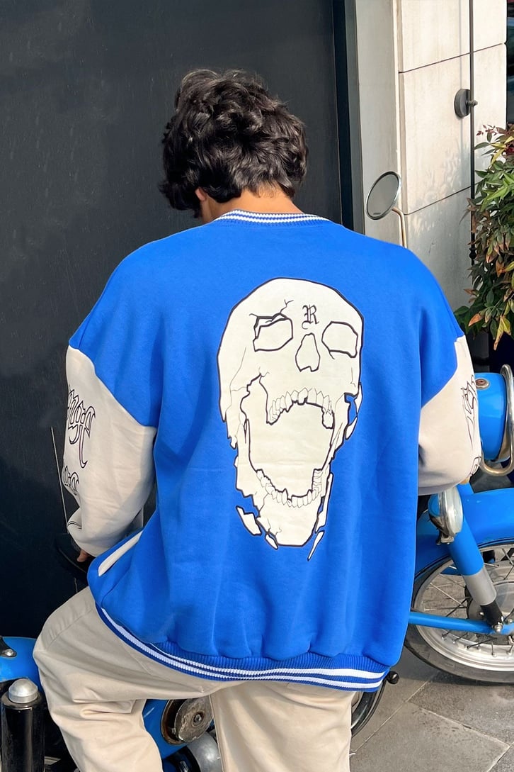 Skull Sırt Baskılı Saks Mavisi Kolej Ceket
