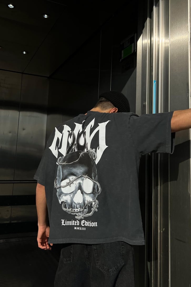 Skull Wire Sırt Baskılı Acid Wash Oversize Tshirt