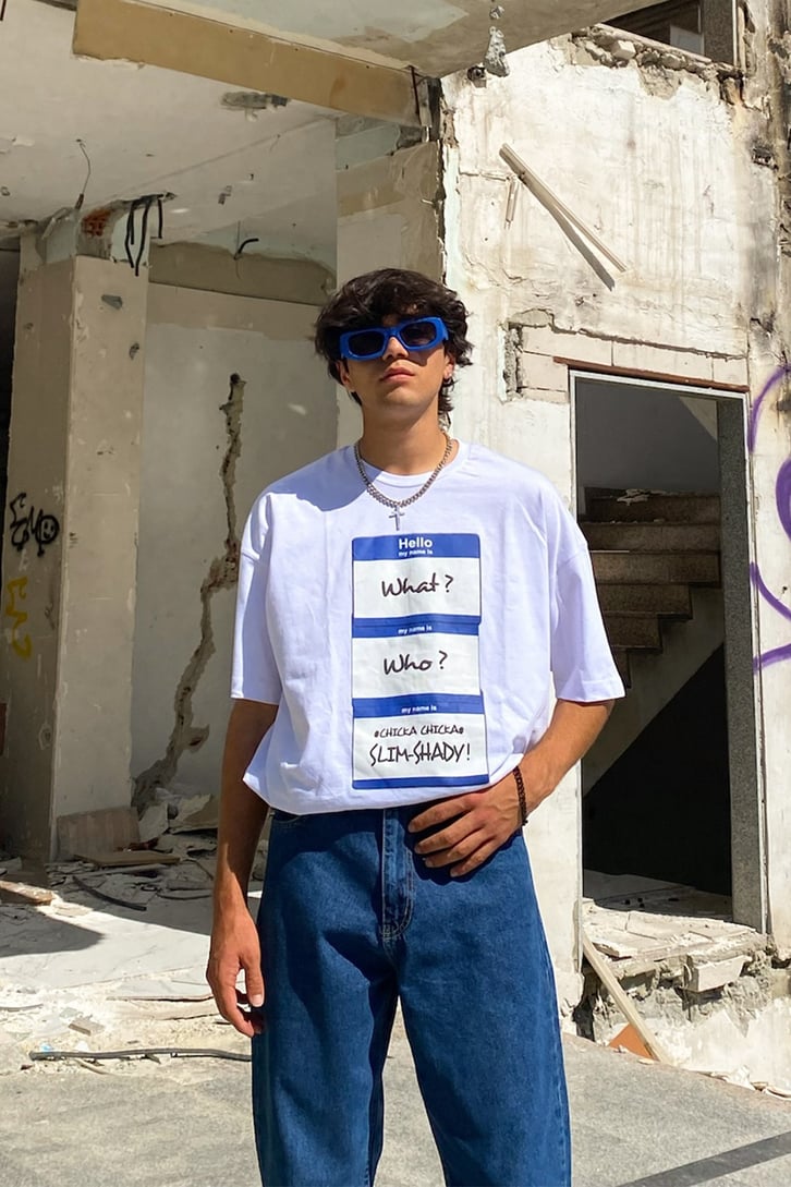 Slim Shady Baskılı Beyaz Oversize Tshirt