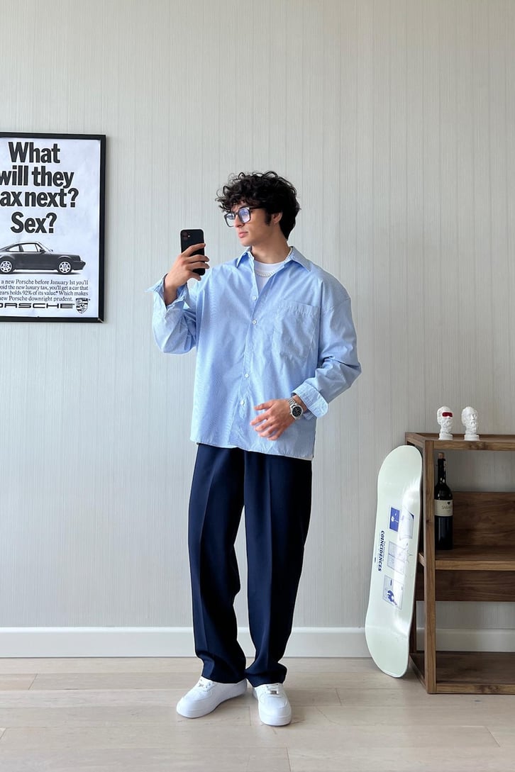 Slim Strip Uzun Kol Oversize Gömlek