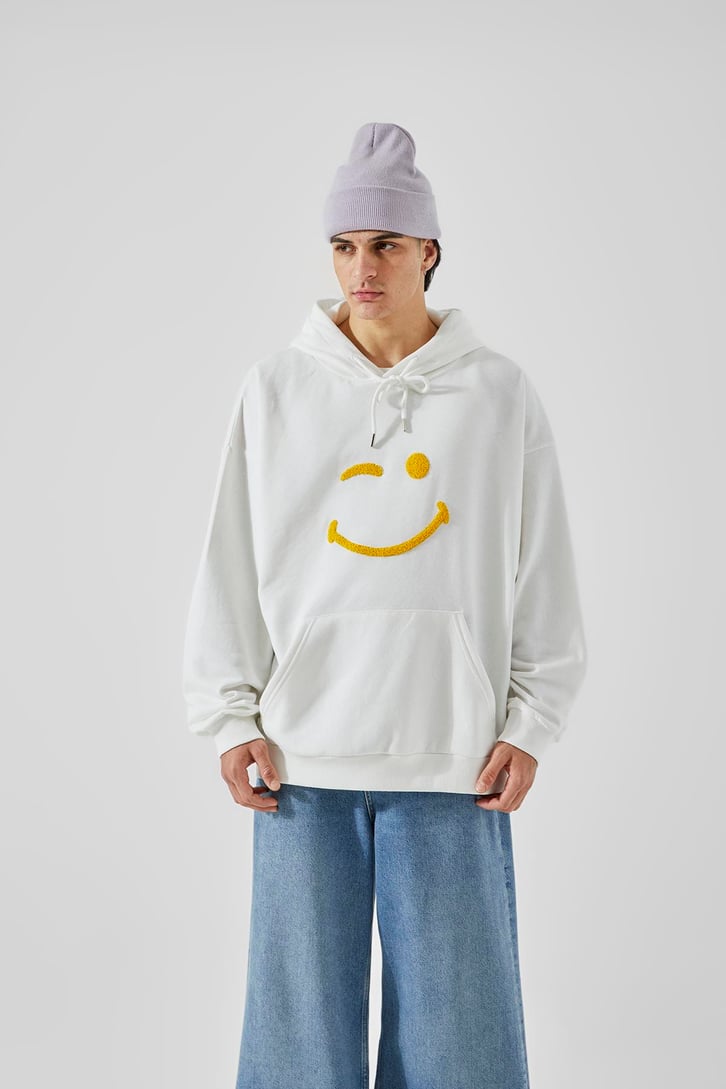 Smile Baskılı Beyaz Oversize Hoodie